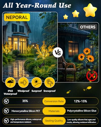 Neporal Solar Flowers Outdoor Waterproof 6PK, 7-Stems Golden Solar Lights Outdoor Decorative, Bigger Solar Panel for Garden, Yard, Patio,Flower Pots Decoration - size: 6PK