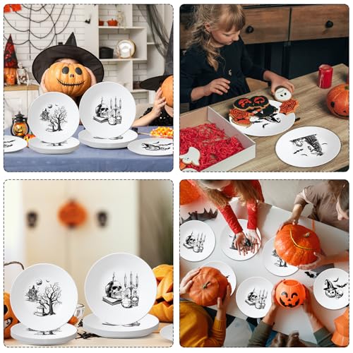 4 Set 10 Inch Halloween Gothic Plates Melamine Halloween Dinnerware Set Reusable Skull Candle Bat Tombstone Crow Melamine Plate Dishwasher for Toddlers Creatively Drop Resistant Cute Plastic Dish - style: Gothic