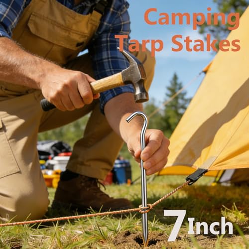 Metal Tent Stakes Heavy Duty 7 Inch Camping Tarp Stakes for Outdoor 8 Pack Garden Edging Fence Hook Metal Ground Stakes for Camping Shelters Tarp Tent Spikes for Canopies Aluminum Tent Stakes