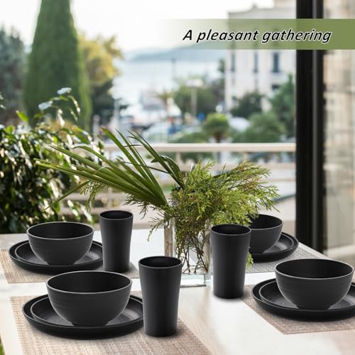 24 Piece Wheat Straw Dinnerware Sets of 6, Kitchen Plates and Bowls Sets, Unbreakable Plastic Dish Set for Camping, Dishwasher Microwave Safe, Kitchen and Dinning Essentials, Black - color: Black, size: 24piece Wheat Straw Dinnerware Sets