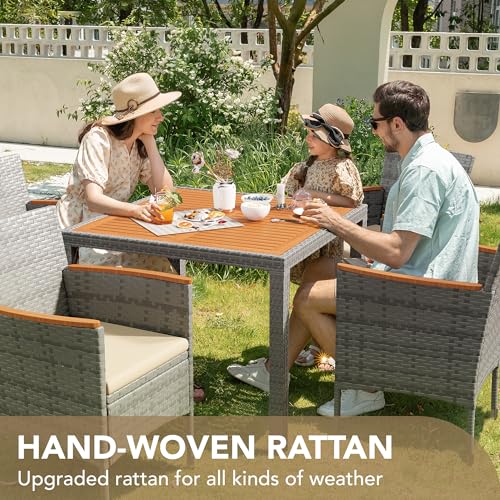 Devoko 5 PCS Furniture, Patio Conversation Set with Acacia Wood Top, Rattan Outdoor Dining Table and Chairs for Backyard, Garden, Deck, Grey - color: Grey, style: 5 Piece Dining Set