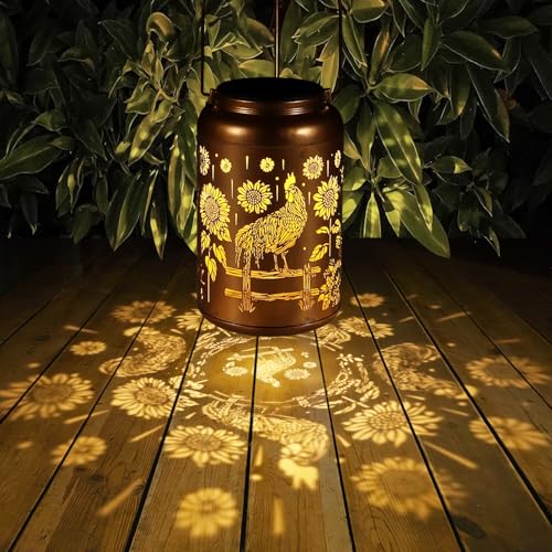 Solar Lanterns Outdoor Waterproof Hummingbird Garden Decor Gifts for Women Mom Grandma Hanging Lights Metal Decoration Outside for Yard, Patio,Backyard,Porch(Rooster) - style: Rooster