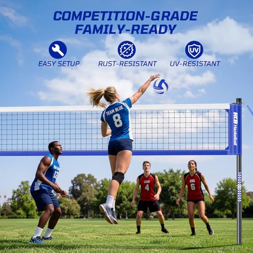 Haokelball Outdoor Volleyball Net Set for Backyard, 32FT Regulation, 3-Level Adjustable Height & Anti-Sag Tension System, Heavy Duty Thick Poles, Includes Volleyball, Pump, Boundary Line and Carry Bag - color: A-Blue
