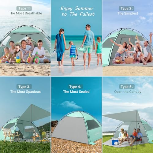 Elegear CumbreX™ Beach Tent Sun Shelter with Canopy, 6-8 Person Pop Up Beach Tent, Easy Setup UPF 50+ UV Protection Portable Lightweight Double Silver Coating Cabana Sun Shade Shelter - Green - color: Green, size: 6-8 Person