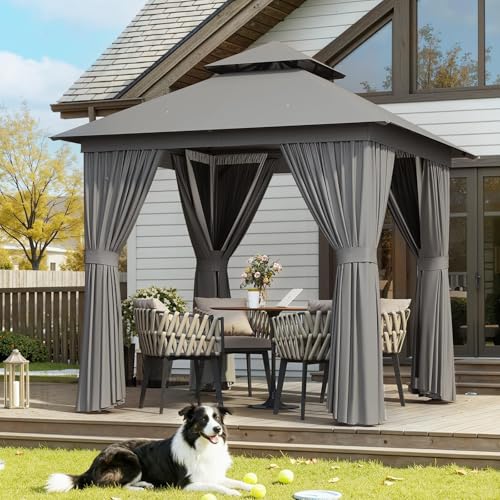 Aoxun 8x8 Outdoor Gazebo for Patio, Metal Frame Canopy Gazebo Double Roof Heavy Duty Small Gazebo, Backyard Gazebo with Mosquito Netting & Privacy Screen for Garden Lawn Deck (Grey) - color: Gray, size: 8 X 8