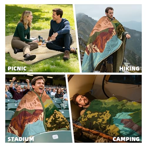 Outdoor Camping Blanket with Sherpa Lining, Extra Warm Thick Camp Blankets and Puffy Ultralight Soft Poncho DWR Camping Quilt for Cold Weather, Adventure, Sleeping, Backpacking 78"x 56" - color: Red Rocks, size: 78 x 56 inches
