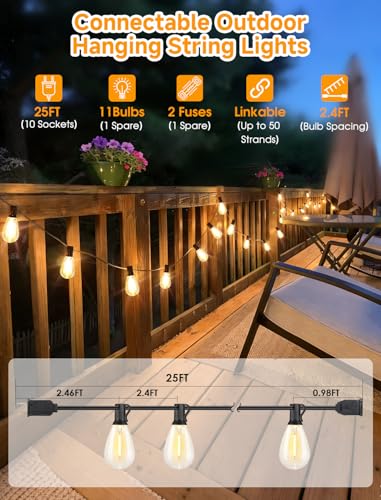 Larkvue 25FT LED Outdoor String Lights, 10+1 Edison S11 Dimmable Bulb Waterproof Patio Lights, Connectable Outside Hanging Strand for Backyard Garden - color: Black