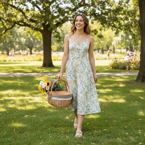 Wicker Picnic Basket with Lid and Handle Sturdy Woven Body with Washable Lining,Coffee Grids - color: Coffee Grids