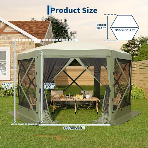 GarveeLife 11.5x11.5FT 6-Sided Pop Up Gazebo Tent，One-Push Setup Canopy Tent with Mesh Panels & Removable Wind Cloths, Outdoor shelter for Camping, Backyard Parties, Outdoor Events - Army Green - color: Army Green, size: Traditional Top - 11.5ft
