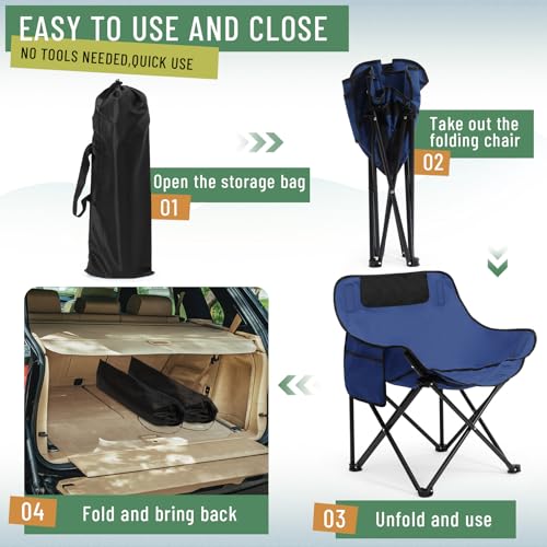 2 Pack Compact Camping Chairs Portable Folding for Outside with Carry Bag Lightweight Moon Chairs for Travel Picnic Hiking Beach Fishing, 600D Oxford, Supports 330lbs(Blue) - color: Blue