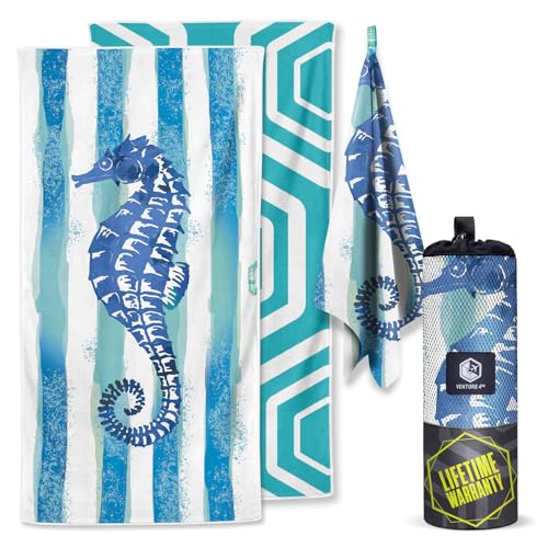 VENTURE 4TH Microfiber Beach Towel: Quick-Dry, Compact, Sand-Free, Absorbent, Sandproof and Lightweight - Perfect for Camping, Beach, and Roadtrips (Striped Seahorse Design | 35x78 inches) - color: Striped Seahorse, size: Extra Large (78" x 35")