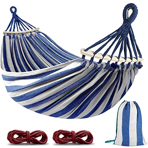 MOSFiATA Hammocks Portable Camping Hammock Upgraded 550lb Comfortable Fabric Hammock with Two Anti Roll Balance Beam and Sturdy Metal Knot Tree Straps for Camping, Patio, Backyard, Outdoor(Blue White) - color: Blue White