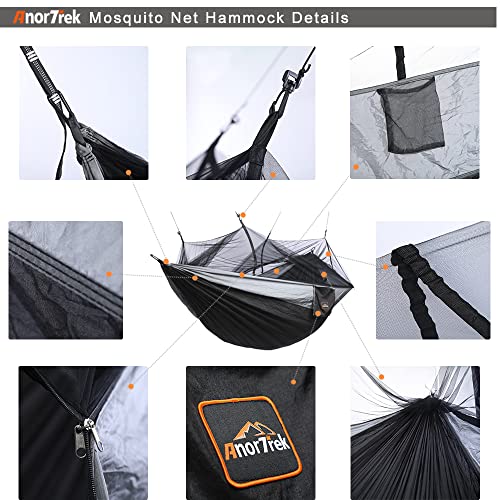 AnorTrek Camping Hammock with Mosquito Net, Double & Single Lightweight Portable Hammocks with Tree Straps, Parachute Hammock for Camping, Backpacking - color: Black&gray, size: Single 102"L x 55"W