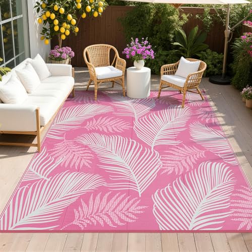 Pauwer Waterproof Outdoor Rug 8x10, Reversible Plastic Straw Patio Camping Rug, Indoor Outdoor RV Mat Carpet for Deck, Camper, Porch, Balcony, Backyard, Picnic, Leaf Pink - color: Leaf Pink, size: 8' x 10' (Rectangular)
