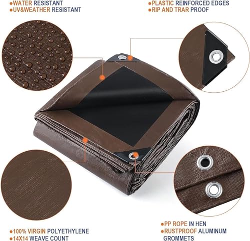 12' x 16' Tarps Heavy Duty Thick Waterproof, Poly Canopy Brown+Black Tent Shelter Cover, 18 Mil Tarpaulin Shade, Rip and Tear Proof, UV Resistant Tarpaulin with Grommets and Reinforced Edges - color: Brown+black, size: 12 x 16ft