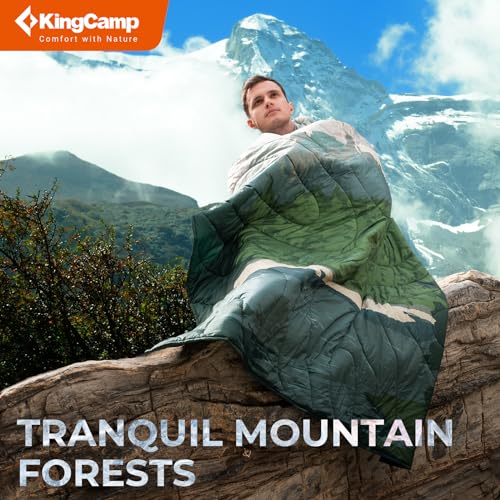 KingCamp Ultralight Camping Blanket, Packable Down Alternative Puffy Printed Wearable Blanket with Snap Buttons & Corner Loops Weatherproof Quilt for Outdoor Travel Stadium (78.7"L x 57.1"W, GREEN) - color: Scenictrail-green, size: 79" x 57"