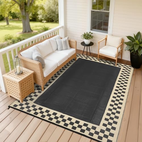 10x14 Large Outdoor Rug Waterproof Weather Resistant Patio Rug with Stakes & Carry Bag, Reversible Plastic Straw Modern Outdoor Carpet for Garden Backyard Balcony RV Mat Black Beige - color: Border1|black Beige, size: 10' x 14' (Rectangular)