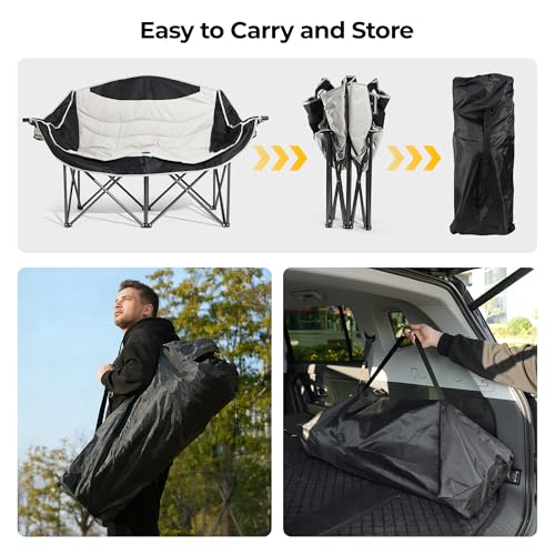 Double Camping Chair,Oversized Foldable Camping Chairs with Cup Holders Heavy Duty Loveseat Couch for Adults Suitable for Indoor Outdoor Beach Support 600 lbs（Black/White）