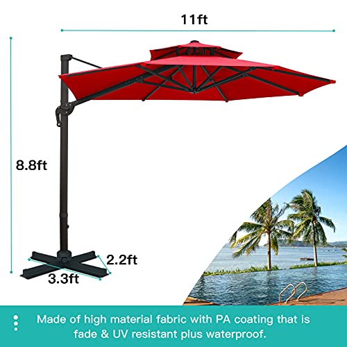 Sunnyglade 11FT Double Top Cantilever Patio Umbrella Deluxe Offset Umbrella 360° Rotation & Integrated Tilting System Heavy Duty Outdoor Umbrella for Market Garden Deck Pool Backyard Patio(Red) - color: Red