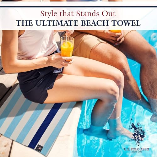 U.S. Polo Assn. Oversized (40” x 70”) Striped Nautical Design Beach Towel - Luxury Plush Cotton Hotel Quality for Bath, Pool - Cabana Stripe Aqblue/Navy - color: Cabana Stripe Aqblue/Navy, size: 40" x 70"