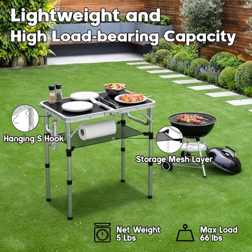 YihuiKo Small Folding Table, Aluminum 24" x 16" Adjustable Height Max 27.5" Folding Camping Table with Carrying Handle, Lightweight, Portable Camp Table for Outdoor Indoor Picnic Beach, Black - size: 24"L x 16"W x 27"H
