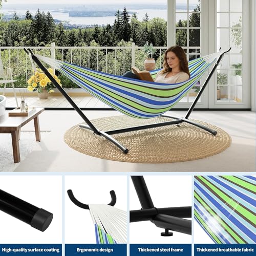 Double Hammocks with Stand for Outside, Portable Space Saving Heavy-Duty Steel Stand for Indoor Outdoor Patio with Carrying Bag, 450 lbs Capacity - color: Blue and Green Stripes