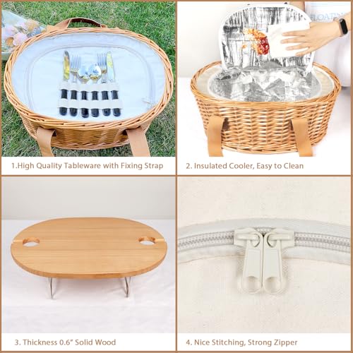 Hap Tim Wicker Picnic Basket Set for 2 with Mini Folding Wine Picnic Table & Large Insulated Cooler Bag & Cutlery Service Kits for 2 Person, Couples Gifts, Wedding Gifts (Y2209-2-CM) - color: Cream White, size: 2 person