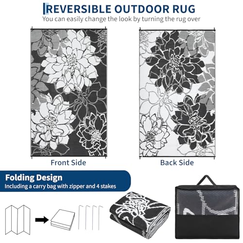 GarveeHome 8x10 Outdoor Rug Waterproof Reversible Outdoor Plastic Straw Rugs Modern Floral Patio Rug Indoor Outdoor Carpet RV Mat Outside for Patio Camp Balcony Deck Picnic, Black and White - color: Floral|black&white, size: 8' x 10' (Rectangular)