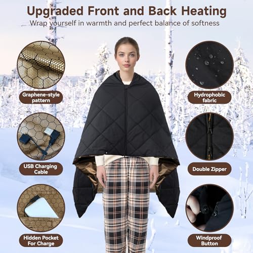 Heated Blanket Outdoors, Battery Operated Heated Throw with 10000mAh Power Bank, Cordless Wearable Electric Blanket & Shawl, 6-Zone Fast Heating for Camping, Hiking, Stadium Events & Travel - color: Charcoal
