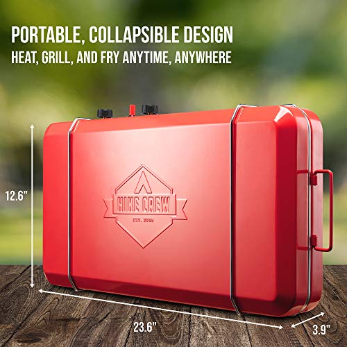 Hike Crew 2-in-1 Gas Camping Stove and Griddle, Portable Propane Burner w/Integrated Igniter & Stainless Drip Tray | Built-in Carrying Handle, Foldable Legs & Wind Panels | Includes Regulator - color: Red