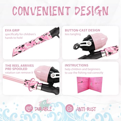 WIDDEN Kids Fishing Pole, Portable Telescopic Kids Fishing Poles for Boys and Girls, Fishing Rod and Reel Combo Kit with Tackle Box, and Fishing Net, Best Fishing Pole for Toddler Youth - color: Pink+Light Pink