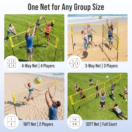 4 Square Volleyball Game Set, 4 Way Net System with 16FT & 32FT Court, Adjustable Height Backyard Badminton Combo, Portable Outdoor Kit with Ball, Pump, Boundary Line, Carry Bag