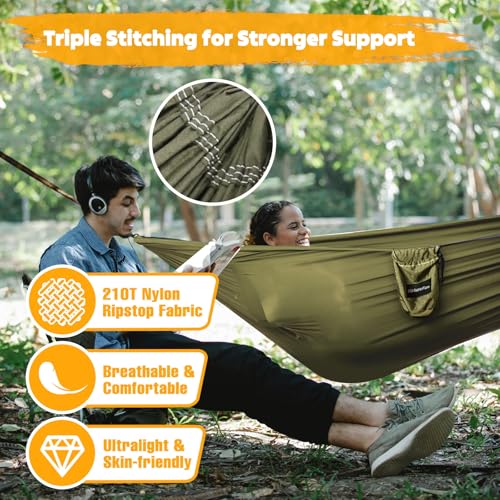NATUREFUN Ultra-Light Travel Camping Hammock | 300kg Load Capacity,Breathable,Quick-Drying | 2 x Premium Carabiners,2 x Nylon Slings Included | Outdoor Indoor Garden - color: Army-green, size: 300x200cm