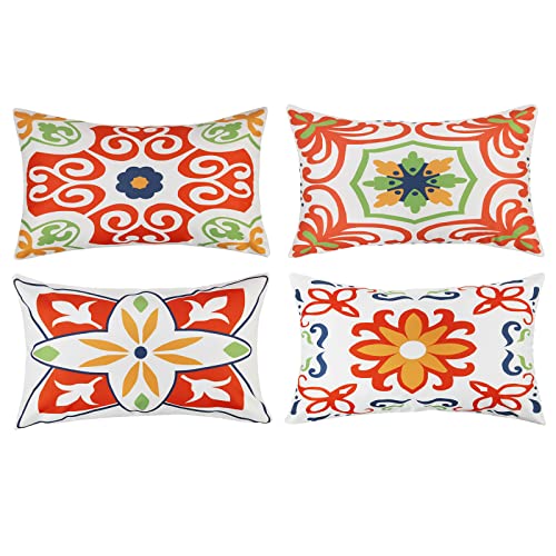 Pyonic Outdoor Waterproof Throw Pillow Covers for Patio Furniture Decorative Boho Pillow Covers 12x20 Floral Printed for Patio Tent Couch Garden Set of 4,Orange - color: Orange, size: 20" x 12" (Pack of 4)