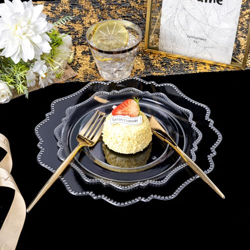 COLOSUS 350pcs Clear Plastic Plates Disposable Gold Cutlery Dinnerware set for party: 50 Dinner Plate, 50 Dessert Plate, 50 Per Rolled Napkins with Gold Silverware, 50 Cups 9 OZ for Thanksgiving - color: Clear