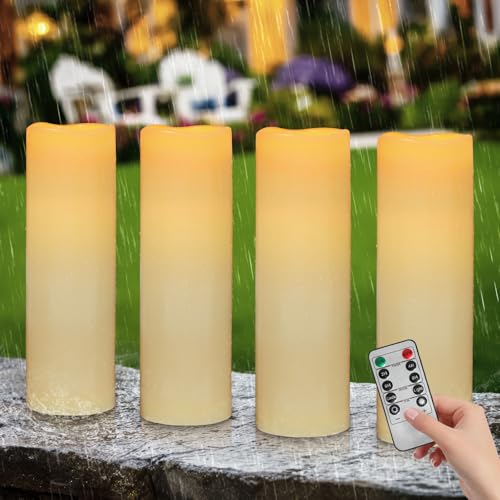 Kimjo 14" x 4" Large Outdoor Candles with Remote: Battery Operated LED Flameless Candles with Timer - Realistic Fake Waterproof Flickering Pillar Candles for Patio Porch Lanterns (Ivory 4 Pack) - color: Ivory-4 Pack