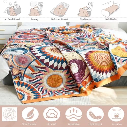 Boho Throw Blanket for Bed 100% Cotton Bohemian Blankets Ultra Soft Woven Muslin Decorative Blankets All Seasons Vintage Quilt Knitted Blanket for Sofa Chair (Colorful, 50"x60") - color: K-colorful World, size: 50"x60"