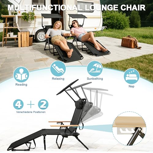 Outdoor Chaise Lounge Chair with 4-Position Adjustable Backrest,Patio Folding Sun Tanning Chair,Pillow & Cup Holder,Portable Recliner Sunbathing Lounger Chairs for Beach Garden (Black with Shade) - color: Black With Shade