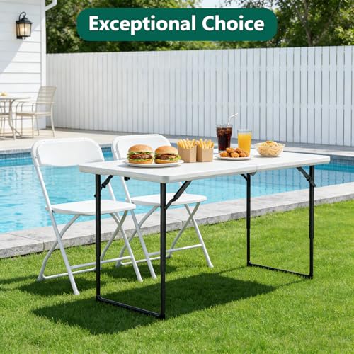 Folding Table 48" x 24" - Heavy Duty Fold-in-Half Plastic Table with Adjustable Height, Portable Utility Tables with Steel Legs for Indoor, Outdoor, Picnic, Camping, Dining, Party (White) - color: White, size: 48in x 24in