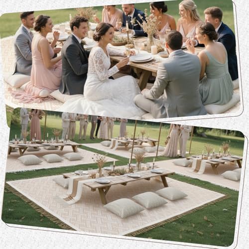 Beeveer Extra Large Outdoor Boho Picnic Blanket 181'' x 71'' Beige White Table Runner 6 Throw Pillow Cover Woven Cotton Yarn Oversize Beach Blanket Washable for Picnic Camp Wedding - color: Beige White, size: Fit 12-14 People 181'' X 71''