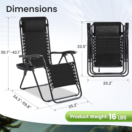 Zero Gravity Chair Set of 4 Oversized Folding Recliner, Padded Anti Gravity Lounge Chair with Adjustable Pillow & Cup Holder for Outdoor Camping, Patio, Poolside, Lawn (Black) - color: Black, size: 4 PCS