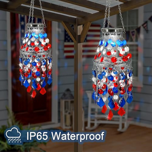 4th of July Decorations Outdoor,Patriotic Hanging Solar Lanterns Outdoor Chandelier,2 Tier Acrylic Crystal Wind Chimes for Outside,Paito,Porch,Yard - color: 4th of July