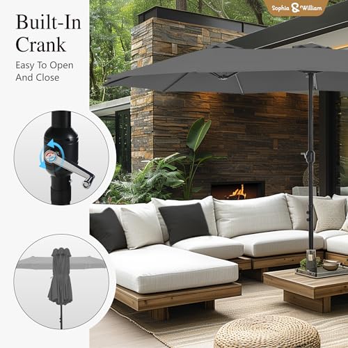 Sophia & William 15 ft Extra Large Patio Umbrella with Base Included, Rectangular Outdoor Umbrella Heavy Duty, Market Umbrella Double-sided Fade Resistant for Pool Garden Backyard, Smoky Gray - color: Smoky Gray