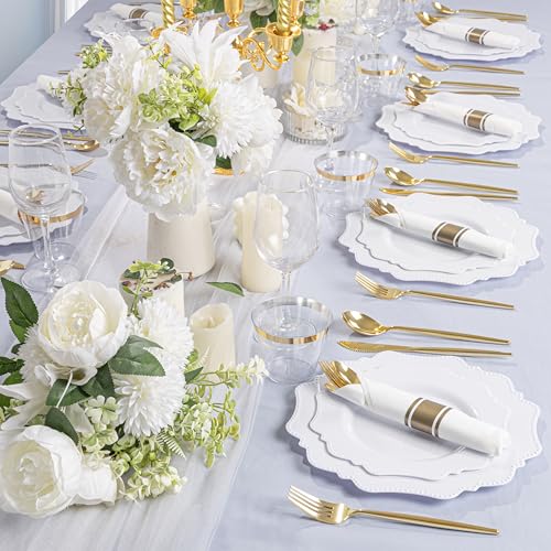 COLOSUS 350pcs White Plastic Plates Disposable Gold Cutlery Dinnerware set for party: 50 Dinner Plate, 50 Dessert Plate, 50 Per Rolled Napkins with Gold Silverware, 50 Cups 9 OZ for New Year - color: White