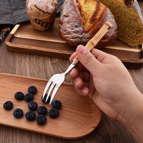 8 PCS Small Fork, 6.3 Inches Stainless Steel Dessert Forks with Bamboo Handle, Kitchen Flatware Cutlery Set, Use for Tasting Cakes Fruits and Appetizer, Mirror Polished - color: 8-Piece Cake Fork