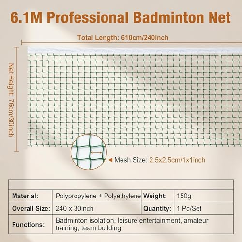 Green Badminton Net with Rope Cable Single-Edged Volleyball Net Outdoor Portable Replacement Net for Beach Backyard Sport Indoor Tennis Training Net Mesh