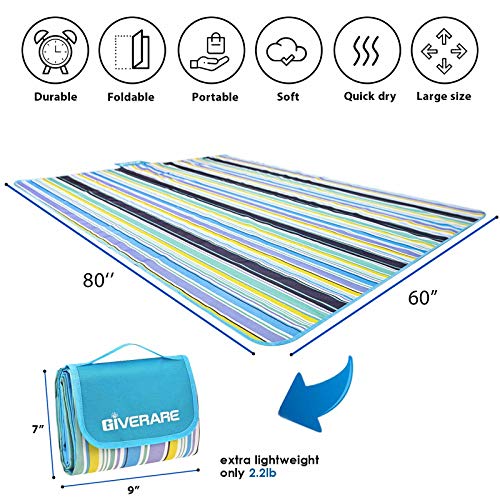 GIVERARE Picnic Beach Blanket, XL Sandfree Waterproof Outdoor Camping Blanket, Quick Drying Oxford Family Mat, Portable Extra Large Picnic Mat for Travel, Hiking, Music Festival, Lawn - color: Blue