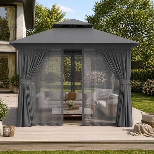 Aoxun 8'x8' Outdoor Gazebo, 50mm Heavy-Duty Steel Frame Double Roof Canopy, Waterproof Polyester Patio Pavilion with Curtains and Netting for Backyard Garden, Gray - color: Dark Gray, size: 8 X 8