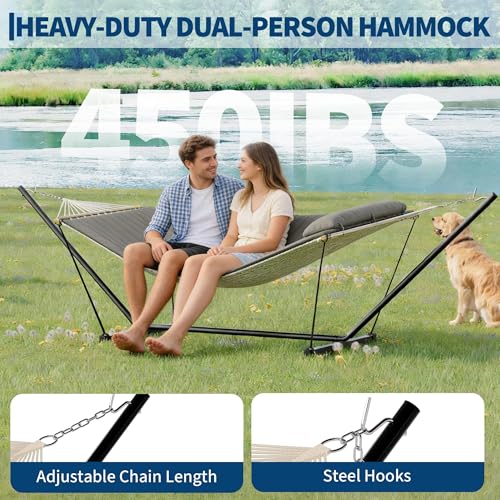 Garvee 2 Person Portable Double Hammock for Outdoor with Pillow, Heavy Duty Portable Hammock with Adjustable Steel Stand for Patio, Garden, Beach, Backyard - color: Dark Gray, size: T-shaped Bracket