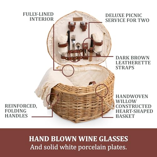 PICNIC TIME Heart Picnic Basket for 2, Wicker Basket with Handle, Complete Deluxe Service for Two, Handwoven and Sturdy Willow Constructed with Fully-lined interior and Accessories, (Antique White)